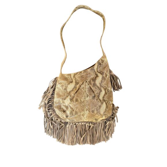 Camila Mues Faux Snake Real Leather Bag Purse Tote Fringe EUC A100241